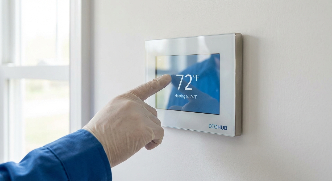 Hand adjusting a modern smart thermostat